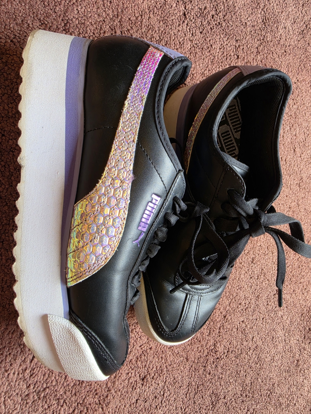 PUMA Women's Black Lace-Up Platform Sneakers with Iridescent Accent